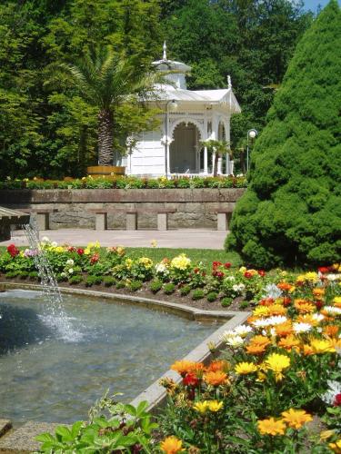 a garden with a fountain and flowers in front of a building at Belvedere Spa & Kurhotel in Františkovy Lázně