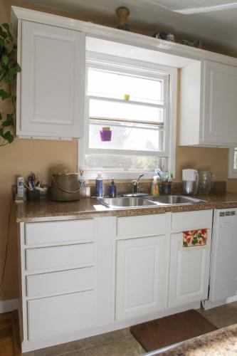 a kitchen with white cabinets and a sink and a window at Fairhaven Guesthouse in Charlottesville