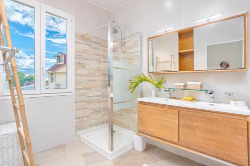 a bathroom with a sink and a shower at Foyal Suites in Fort-de-France