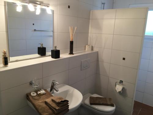 uma casa de banho com um lavatório, um WC e um espelho. em Montaney Guests House - EPFL em Ecublens