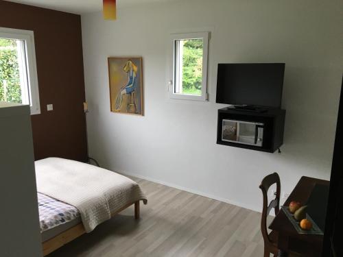 - une chambre avec un lit et une télévision à écran plat dans l'établissement Montaney Guests House - EPFL, à Ecublens