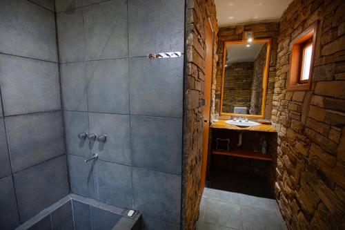 a bathroom with a walk in shower and a sink at La Patagonia Secreta in Villa Pehuenia