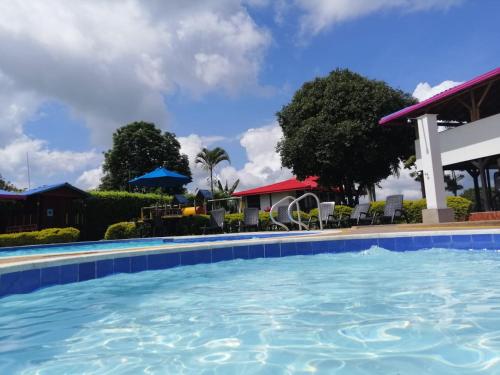 a pool at a resort with chairs and trees at Finca Hotel la Manuela in Armenia