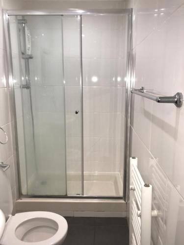 a bathroom with a shower with a toilet and a tub at The Ocean Inn in Edinburgh