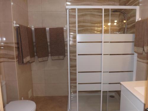 a bathroom with a toilet and a glass shower at Apartamento Mariamar in Olhos de Água