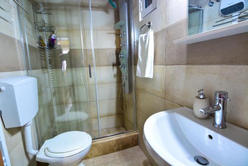 a bathroom with a toilet and a sink and a shower at The Theater of Dreams in Synikia Mesi Trikalon