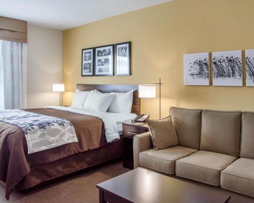 パーカーズバーグにあるSleep Inn & Suites Parkersburgのベッドとソファ付きのホテルルーム