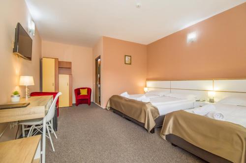 a hotel room with two beds and a desk at Long Street Hotel in Braşov