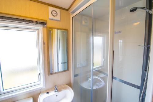 River Lodge Platinum Plus Holiday Home with River Views, Free Wifi & Netflix في Camber: حمام مع دش زجاجي ومغسلة