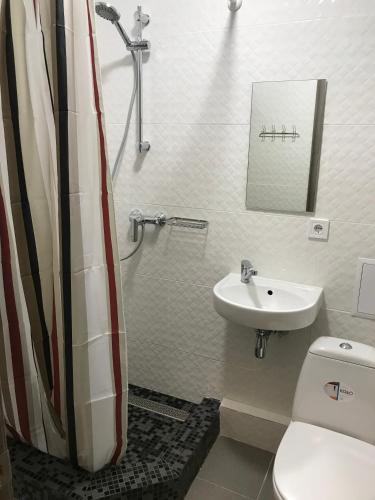 La salle de bains est pourvue de toilettes et d'un lavabo. dans l'établissement Киев сдам посуточно ул Доброхотова 28 Daily rent Kyiv st Dobrokhotova 28, à Kiev