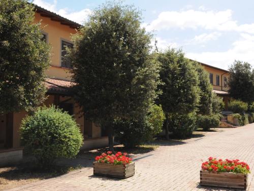 une rangée d'arbres et de fleurs dans des boîtes en bois dans l'établissement Osteria Della Posta, à Poggio Picenze