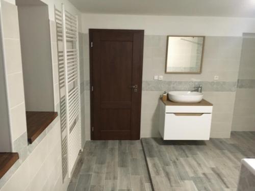 een badkamer met een wastafel en een spiegel bij Portus Apartment in Smržovka