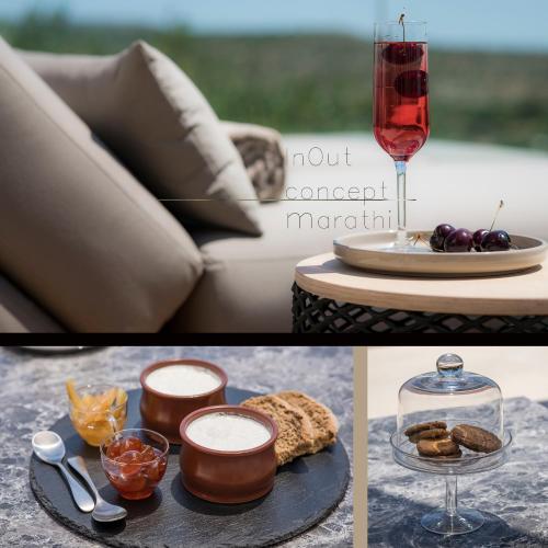 a collage of pictures with a glass of wine and food at OPENNESS House by the sea in Marathi