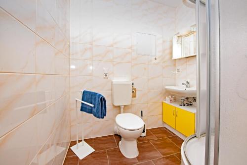 ein kleines Bad mit WC und Waschbecken in der Unterkunft Ferienwohnung 131 in Annaberg-Buchholz