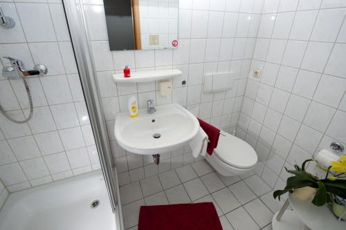 a bathroom with a sink and a toilet and a shower at Pension Cafe Suzette in Gotha