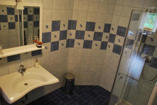 a bathroom with a sink and a shower at Farm Stay Rotovnik - Plesnik in Slovenj Gradec