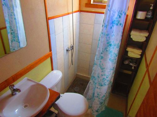 a bathroom with a sink and a toilet and a shower at Refugio de Montaña Kultrun Mawida, Cabaña Mirador WIFI in Curacautín