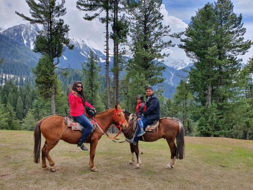 a man and a woman and a child riding on horses at Houseboat New Suzan in Srinagar