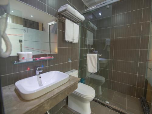 W łazience znajduje się umywalka, toaleta i lustro. w obiekcie Thank Inn Plus Hotel Anhui Tongling Tongguan District Darunfa w mieście Yüan-hsien-ch'eng
