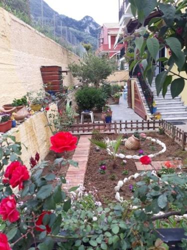 a garden with red roses on a building at MARGARITAS' ROOMS in Agios Gordios