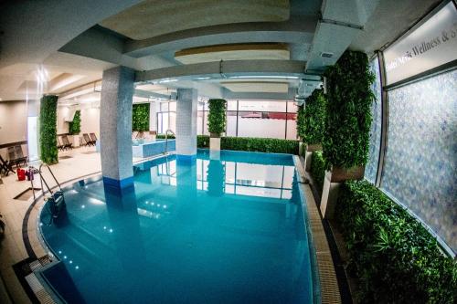 une grande piscine dans un bâtiment dans l'établissement Hotel Nevis Wellness & SPA, à Oradea