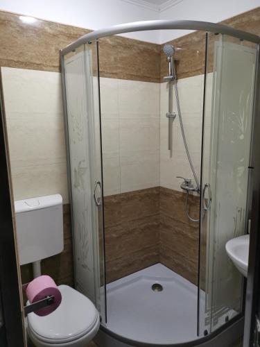 a bathroom with a shower with a toilet and a sink at Joe Hostel in Bucharest