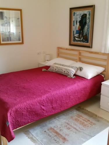 a bedroom with a bed with a pink blanket at Beit Haner Moshav Dor in Dor