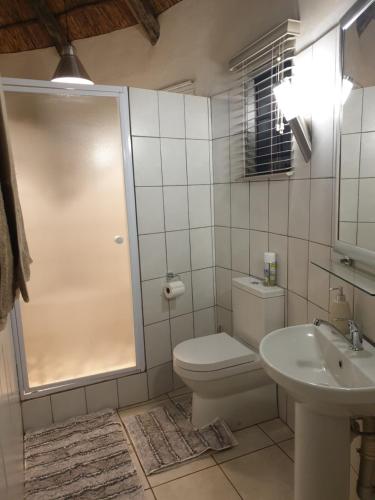 a bathroom with a toilet and a shower and a sink at Honey Lodge in Klipdrift