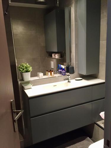 La salle de bains est pourvue d'un lavabo et d'un comptoir. dans l'établissement PETIT STUDIO SYMPA EN CENTRE VILLE, à Le Touquet-Paris-Plage