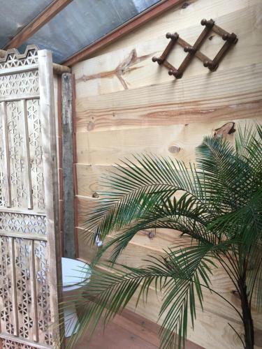 una parete in legno con un cancello e una palma di CASA RANXOXITA a Itaipava