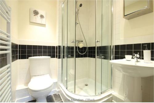 uma casa de banho com um chuveiro, um WC e um lavatório. em Kenavon Drive em Reading