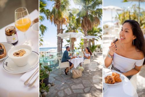 a bride and groom eating breakfast at a restaurant on the beach at Hotel Caravelle Thalasso & Wellness in Diano Marina