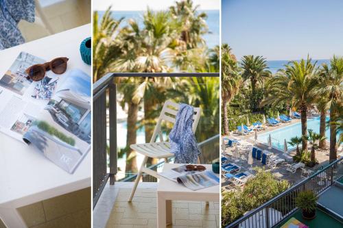 a hotel room with a balcony with a view of a pool at Hotel Caravelle Thalasso & Wellness in Diano Marina