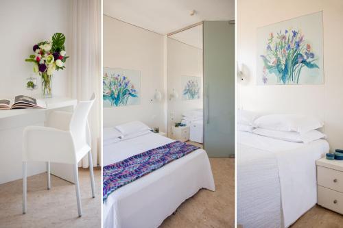 two pictures of a bedroom with a bed and a mirror at Hotel Caravelle Thalasso & Wellness in Diano Marina