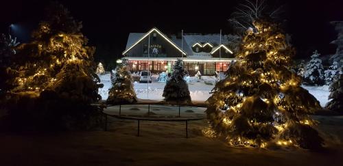 a house decorated with christmas lights in the snow at Byczy Rog noclehy na hranici in Králíky