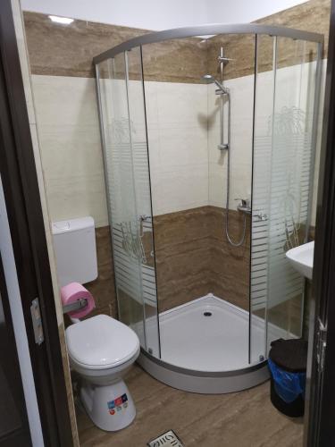 a bathroom with a shower with a toilet and a sink at Joe Hostel in Bucharest