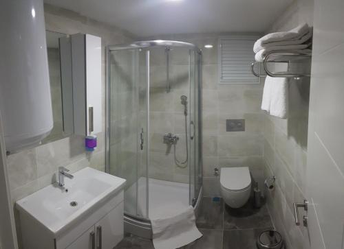 a bathroom with a shower and a toilet and a sink at SKYBLUE İSTANBUL HOTEL in Istanbul