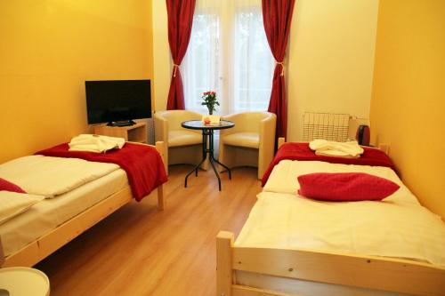 a room with two beds and a table with a tv at Penzion Alfa Poděbrady in Poděbrady