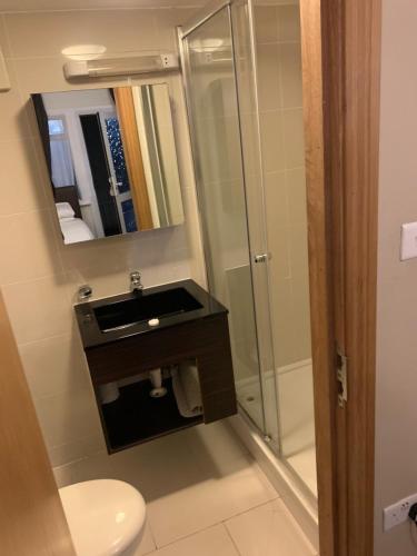 a bathroom with a sink and a shower with a mirror at Old Mill Hotel & Lodge in Bath