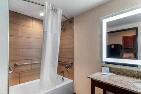 La salle de bains est pourvue d'une baignoire, d'une douche et d'un miroir. dans l'établissement MainStay Suites Denver International Airport, à Denver