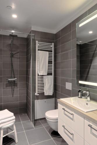 Un baño con inodoro, lavabo y espejo. en Salka suites, en Reikiavik