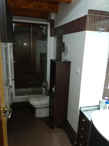 Un baño con inodoro, ducha y lavabo. en Agustina de Aragón, en Zaragoza