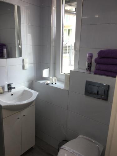 a bathroom with a sink and a toilet and a window at Lawendowe Domki Dziwnówek in Dziwnówek