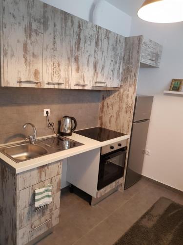 una piccola cucina con lavandino e frigorifero di City Life Apartments #2 a Ioannina