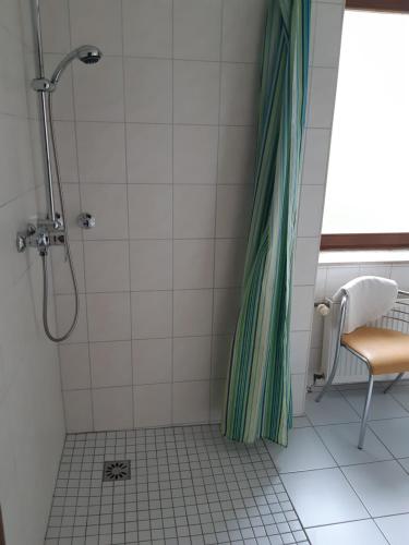 La salle de bains est pourvue d'une douche avec rideau de douche. dans l'établissement Landhaus Hohenroda, à Hohenroda