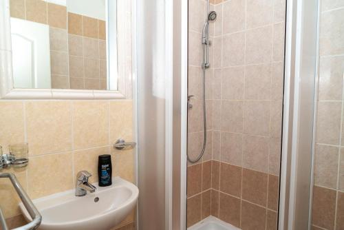 a bathroom with a sink and a shower at Sunshine Pension in Karlovy Vary