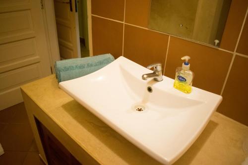 a bathroom sink with a bottle of soap on it at Footprints House in Diani Beach