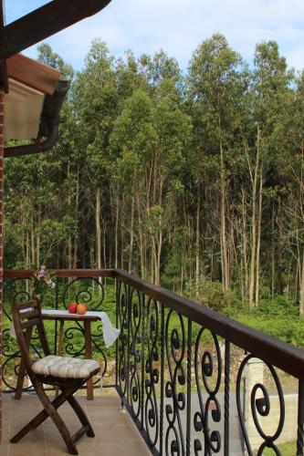 a balcony with a table and a chair and trees at Apartamentos rurales la Aguilera in Oviñana
