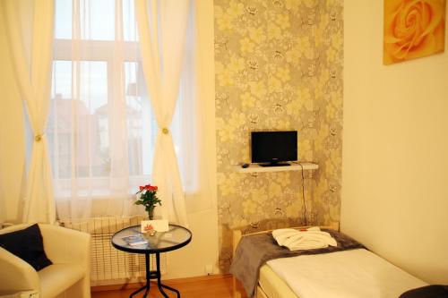 a small room with a bed and a table and a window at Penzion Alfa Poděbrady in Poděbrady