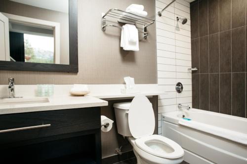 a bathroom with a toilet and a sink and a tub at Mountaineer Lodge in Lake Louise